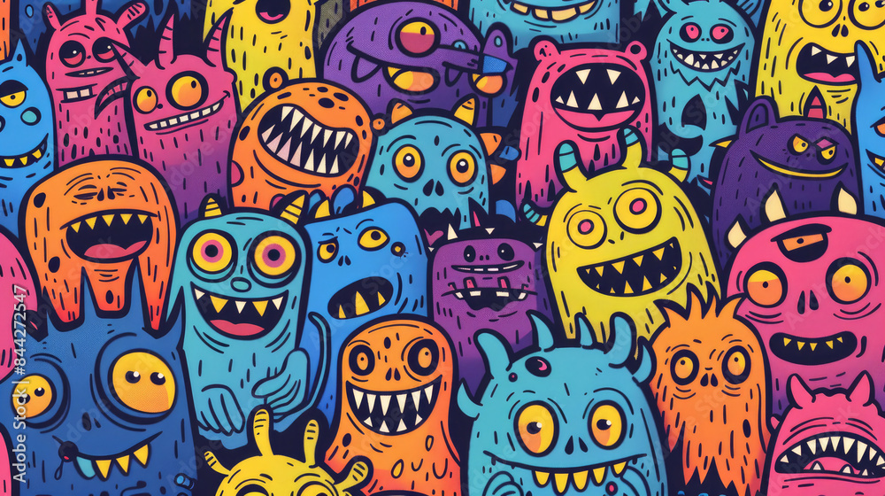 Naklejka premium Smiling Cute Monster Doodles Vibrant and Cheerful Pattern with Happy Face