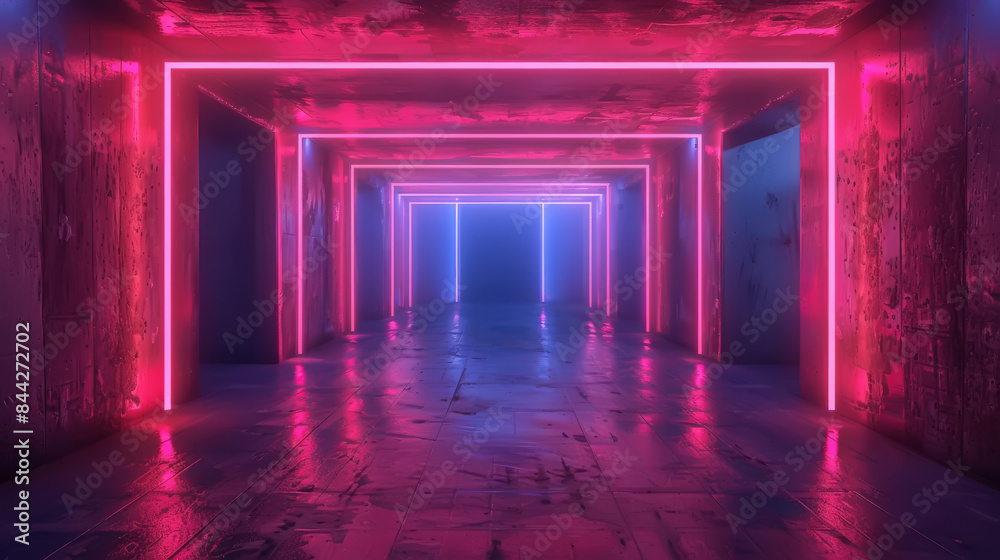 A rectangular room with neon lights in pink and blue, creating reflections on the floor and walls, giving it a futuristic look A rectangular room with neon lights in pink and blue, creating reflections on the floor and walls, giving it a futuristic look