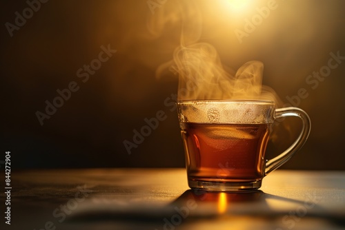 A glass of freshly brewed black tea,escaping steam,warm soft light, darker background