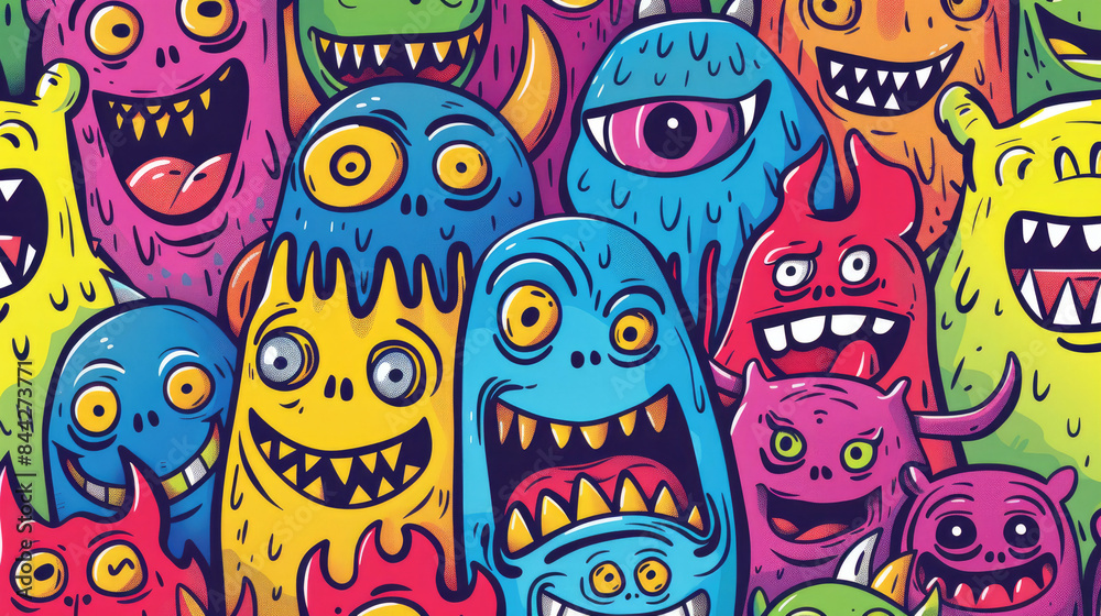 Smiling Cute Monster Doodles Vibrant and Cheerful Pattern with Happy Face