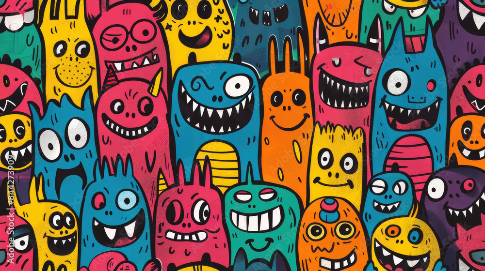 Smiling Cute Monster Doodles Vibrant and Cheerful Pattern with Happy Face Smiling Cute Monster Doodles Vibrant and Cheerful Pattern with Happy Face