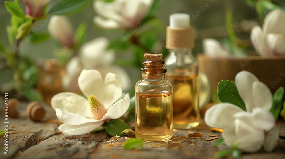 Magnolia essential oil bottles and magnolia on table around oil bottles top view Magnolia essential oil bottles and magnolia on table around oil bottles top view