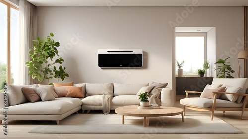 Place the mockup of the air conditioner purifier or AC controller split unit in a prominent position within the living room setting. Ensure that the product is showcased clearly and prominently, allow