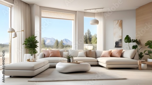 Select a high-quality image of a modern and bright living room with ample natural light and contemporary decor. Ensure that the background complements the sleek and sophisticated design of the air con