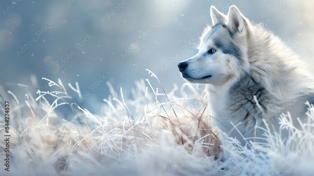 Obraz premium Siberian Husky in a whimsical winter wonderland, Fantasy, Cool tones, Illustration, Magical and enchanting background