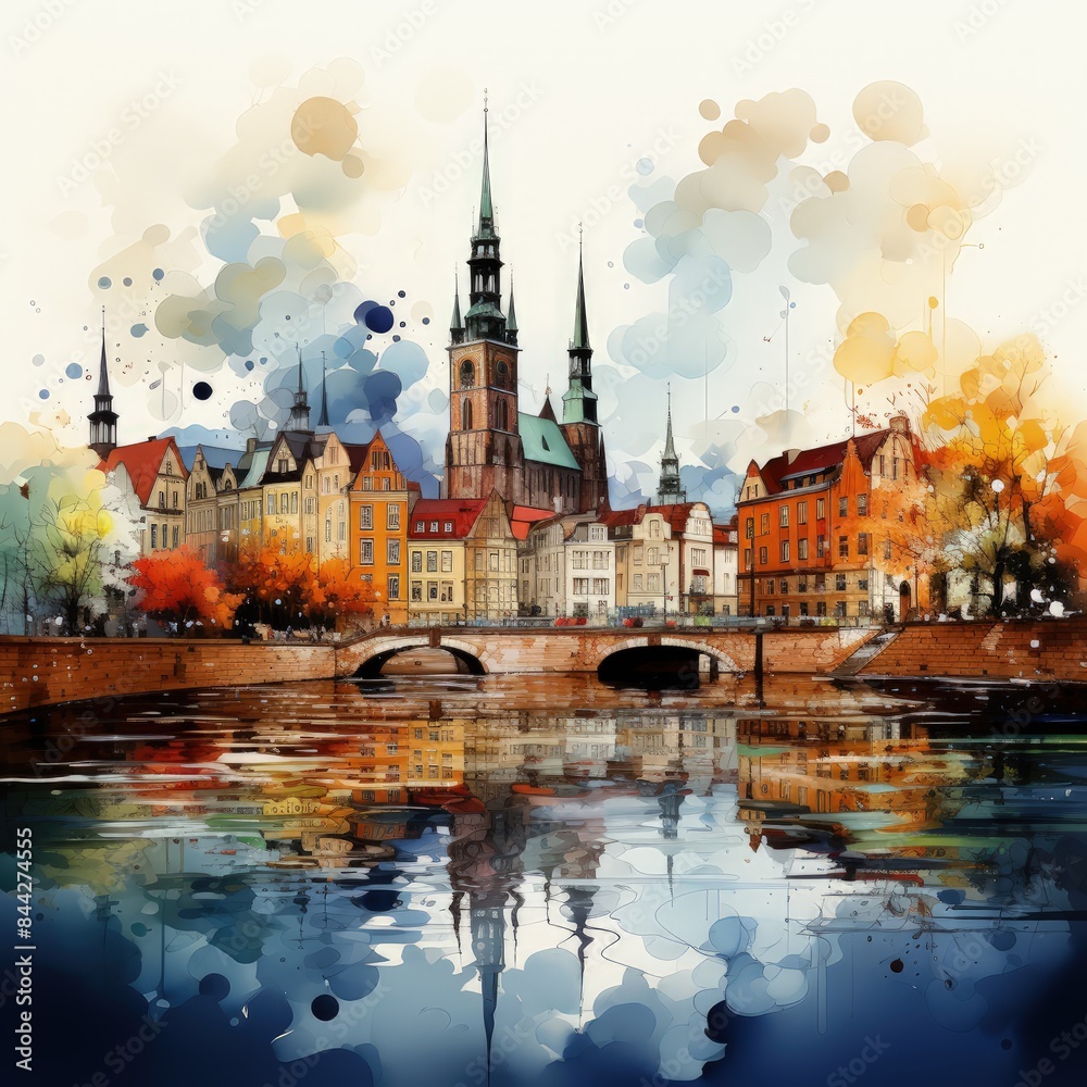Fototapeta premium a painting of a Wroclaw city with a bridge and a river