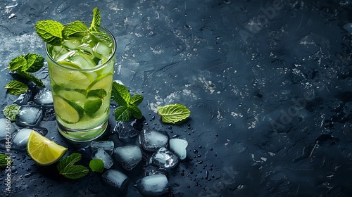 A refreshing mojito cocktail with lime, mint, and ice cubes on a dark textured background. 