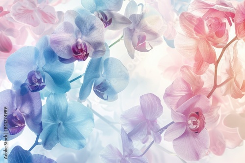 A soft and dreamy wallpaper design depicting watercolor orchid flowers in pastel hues