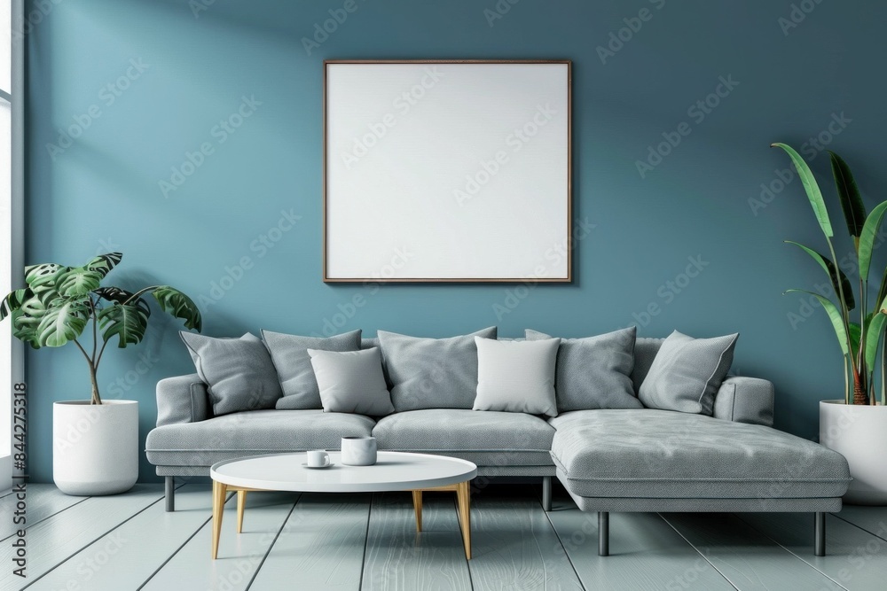 Modern living room featuring a gray couch, framed picture, and potted plant in a contemporary interior design setting Modern living room featuring a gray couch, framed picture, and potted plant in a contemporary interior design setting
