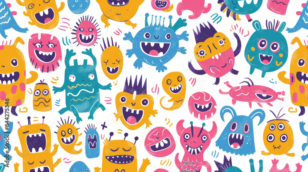 Smiling Cute Monster Doodles Vibrant and Cheerful Pattern with Happy Face Smiling Cute Monster Doodles Vibrant and Cheerful Pattern with Happy Face