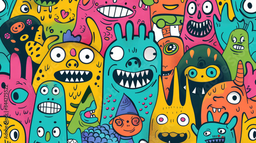 Smiling Cute Monster Doodles Vibrant and Cheerful Pattern with Happy Face