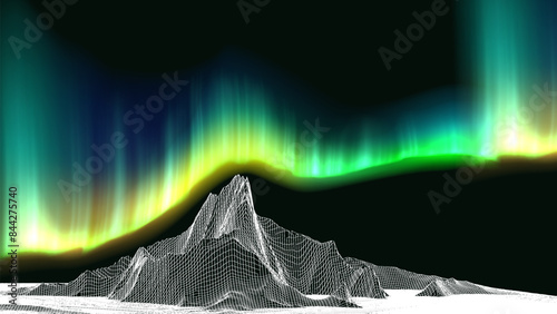 Three dimension Line art vector of aurora borealis above a mountain range