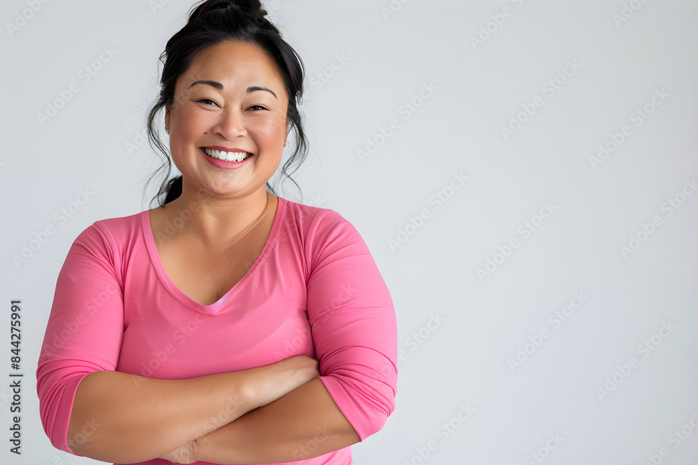 Beautiful and healthy Asian American female, smiling while wearing a pink workout outfit, is standing in front of a white background, conveying the importance of having a healthy lifestyle. Beautiful and healthy Asian American female, smiling while wearing a pink workout outfit, is standing in front of a white background, conveying the importance of having a healthy lifestyle.