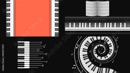 Set Abstract Collection Piano Keys Music Keyboard Instrument With Plants Brunch Botanical Doodle Outline Melt Song Melody Vector Design Style