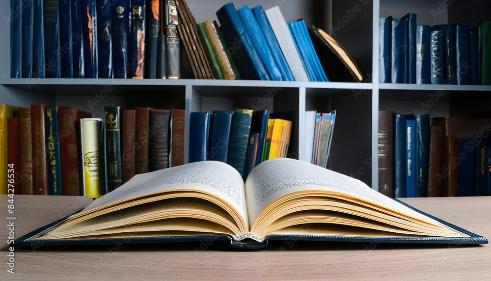 An open book on a table with a bookshelf full of books in the background. An open book on a table with a bookshelf full of books in the background.