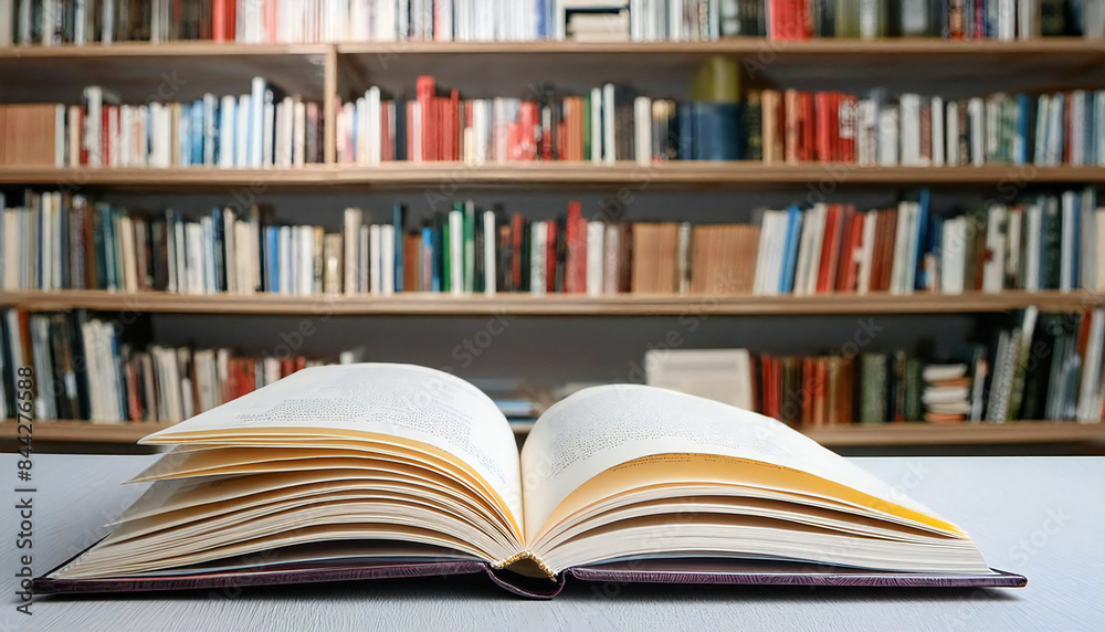An open book on a table with a bookshelf full of books in the background. An open book on a table with a bookshelf full of books in the background.