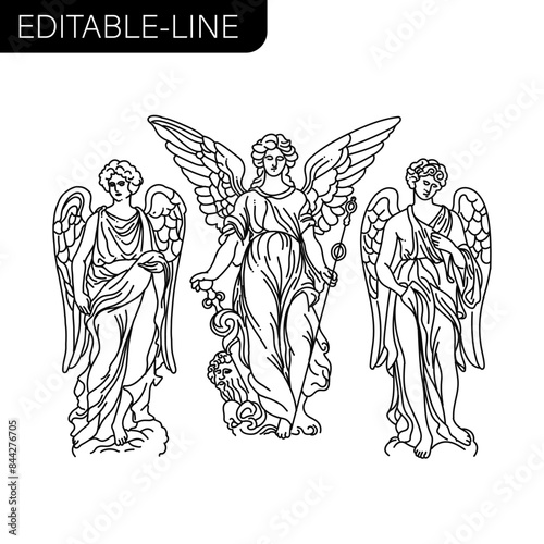 aesthetic greek sculpture line art angel with wings. Angel Vintage antique illustration and line drawing. engraving  two angels holding decorative ribbon three.