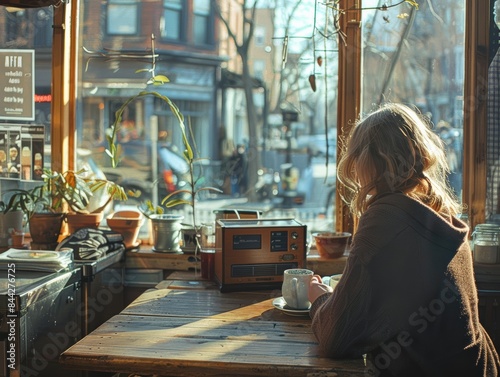 Woman with blonde hair enjoying coffee at a cozy cafe window seat, with retro radio and street view on a sunny day. © KanitChurem