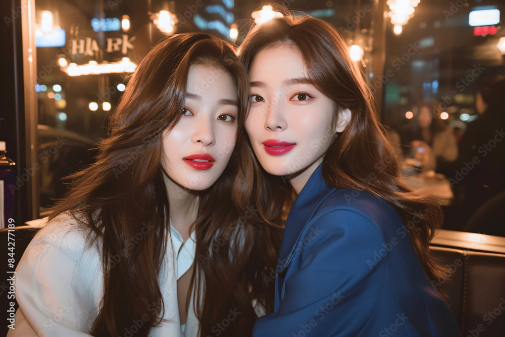 two women posing for a picture in a restaurant two women posing for a picture in a restaurant
