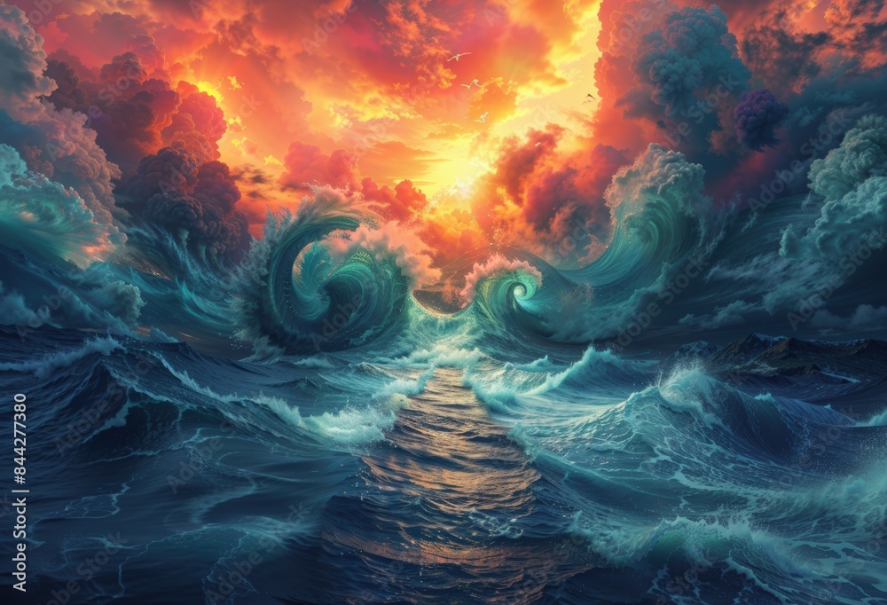 Vivid fantasy ocean scene with turbulent waves and fiery sunset, showcasing a dramatic depiction of nature's raw power and beauty.