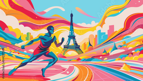 Vibrant Marathon Runner Sprinting in Paris with Eiffel Tower Background.