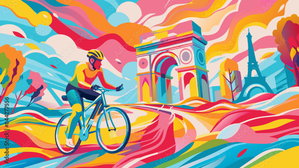Fototapeta premium Vibrant Cyclist Touring Iconic European Landmarks Illustration. 