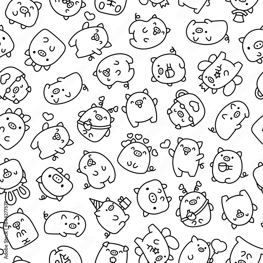 Fototapeta premium Cute kawaii little pig. Seamless pattern. Coloring Page. Smiling nice cartoon animal character. Hand drawn style. Vector drawing. Design ornaments.