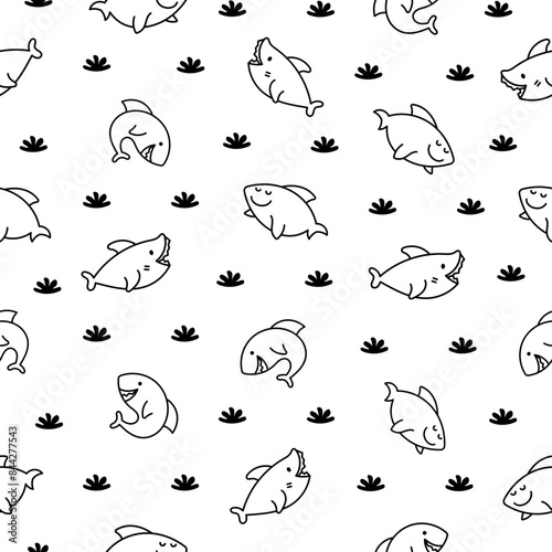 Funny kawaii ocean shark. Seamless pattern. Coloring Page. Smiling jaws and comic marine animals character. Hand drawn style. Vector drawing. Design ornaments. photo