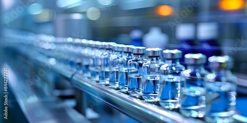 Ensuring Quality Control with a Glass Vial Production Line in Sterile Lab Conditions. Concept Glass Vial Inspection, Sterile Lab Procedures, Quality Control Standards, Production Line Efficiency