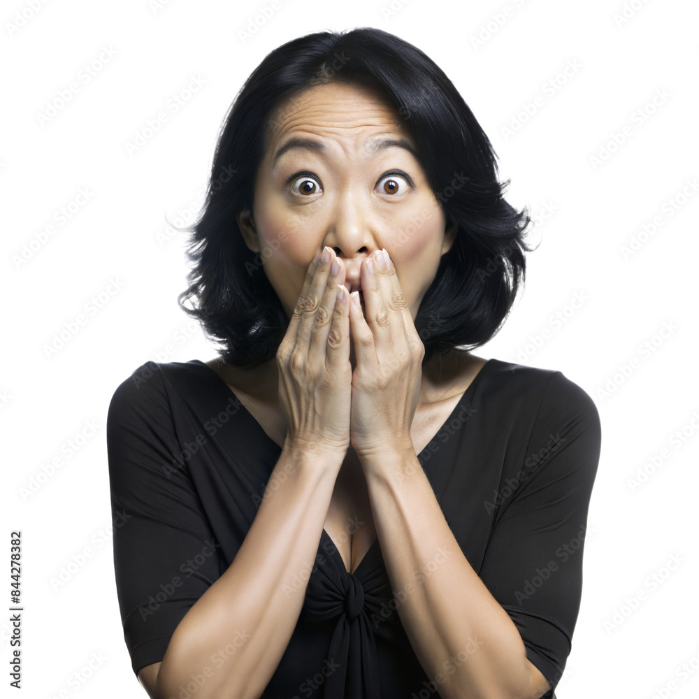 Shocked Woman Covering Mouth With Hands in Studio Portrait on Transparent Background Shocked Woman Covering Mouth With Hands in Studio Portrait on Transparent Background