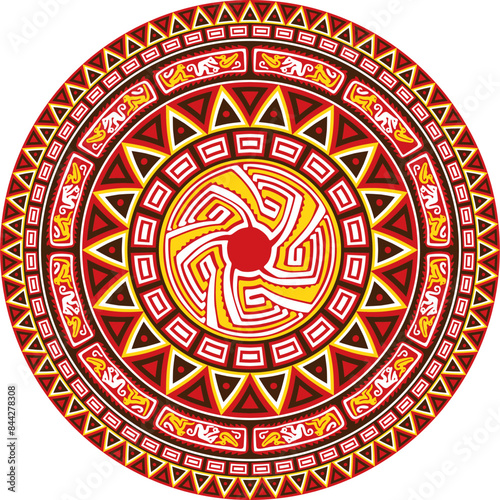 Native American vector round colored pattern. Geometric shapes in a circle. National ornament of the peoples of America, Maya, Aztecs, Inca