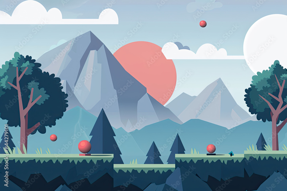 Naklejka premium Landscape background, gaming level design backdrop gamer graphics style retro scrolling platform backgrounds, generated ai