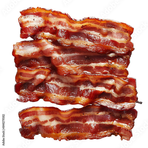 Crispy, sizzling bacon strips stacked on a white background, perfect for breakfast or a protein-packed snack. High-resolution food photography. photo