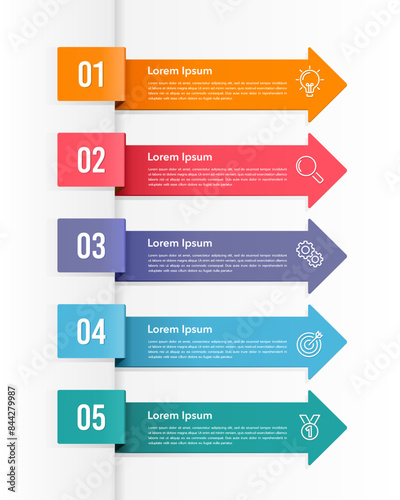 Business visualization infographic arrow design template with 5 options, steps or processes. Business presentation. Vector illustration.