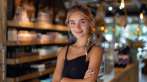 A beautiful young woman with blonde hair in a braid, wearing a black dress, standing in a cosmetics store. 