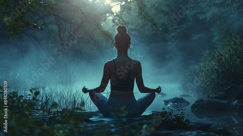 Girl meditating and practicing yoga in nature. Concept of exercise and relaxation