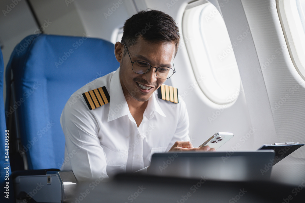 Portrait of a trained airplane captain in uniform preparing to fly in a simulator cockpit. Portrait of a trained airplane captain in uniform preparing to fly in a simulator cockpit.