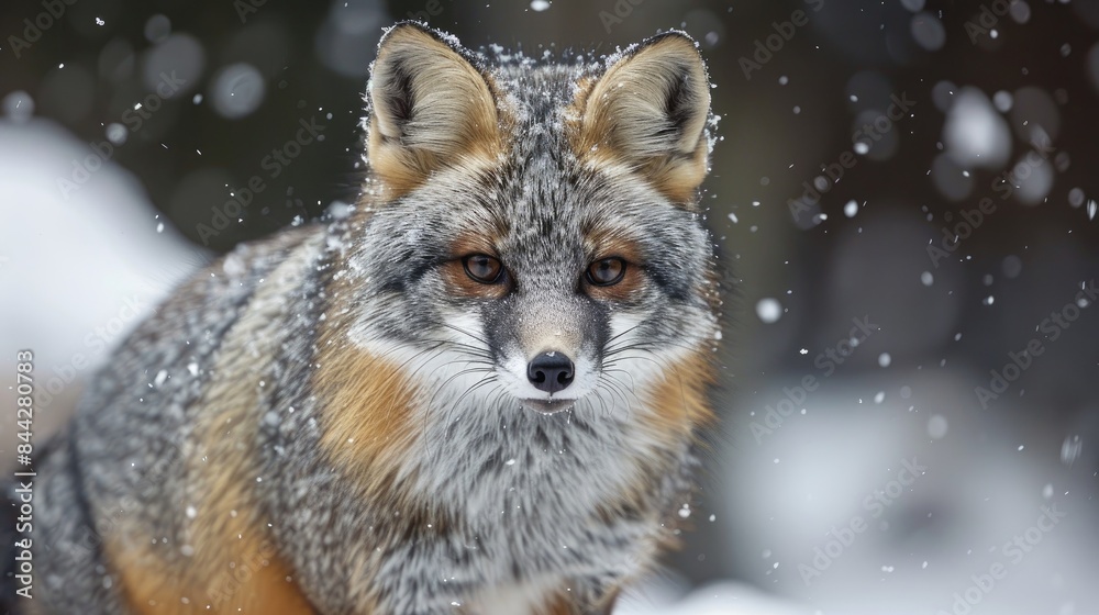 Fototapeta premium Close up Winter Image of Captive Grey Fox Playing in Snow
