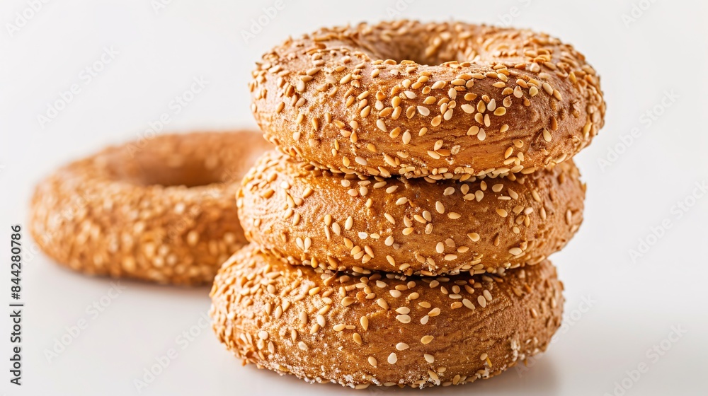 A trio of sesame bagels on a blank backdrop showcases a mouthwatering bakery treat. A trio of sesame bagels on a blank backdrop showcases a mouthwatering bakery treat.
