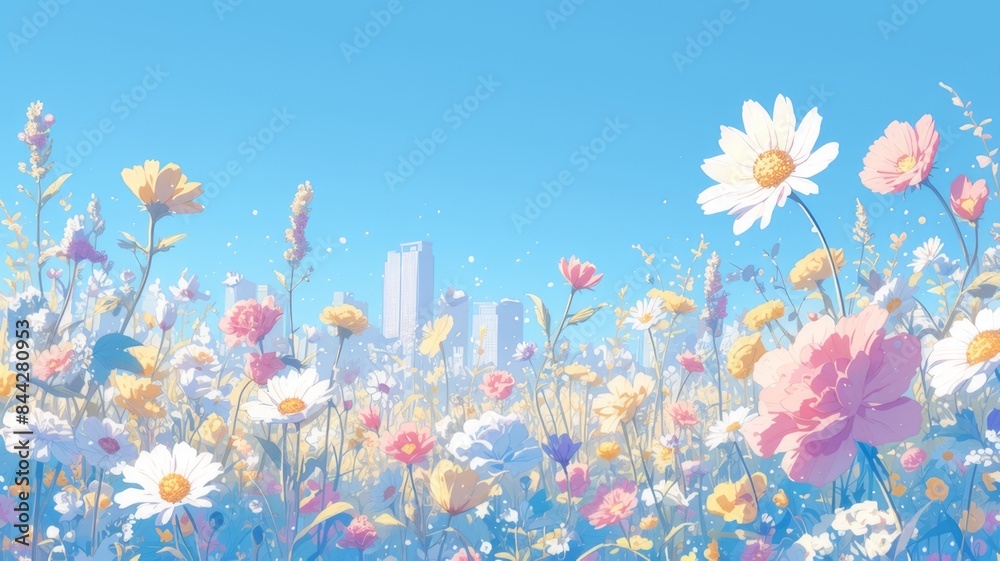 Colorful flowers on the background of blue sky with rainbow summer background.
Colorful flowers on the background of blue sky with rainbow summer background.