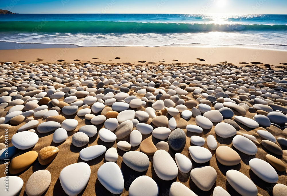 Obraz premium A sunny beach adorned with various sized smooth stones offering a relaxing setting with copy space image for text or design