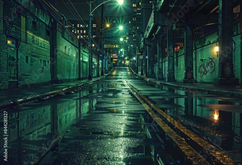 Moody night scene of a deserted urban alley with wet pavement reflecting green street lights, creating a mysterious and cinematic atmosphere.
