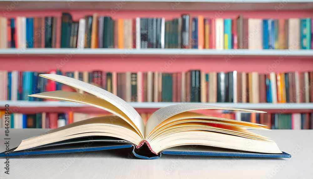 テーブルの上に開かれた本。背景にたくさんの本が並ぶ本棚。An open book on a table with a bookshelf full of books in the background. テーブルの上に開かれた本。背景にたくさんの本が並ぶ本棚。An open book on a table with a bookshelf full of books in the background.