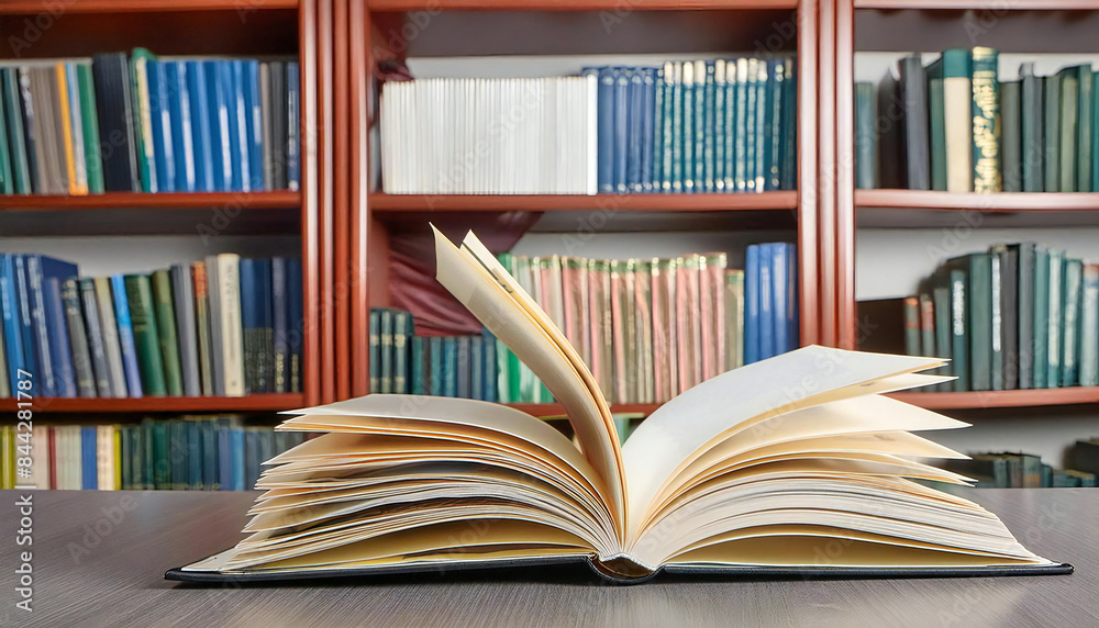 テーブルの上に開かれた本。背景にたくさんの本が並ぶ本棚。An open book on a table with a bookshelf full of books in the background. テーブルの上に開かれた本。背景にたくさんの本が並ぶ本棚。An open book on a table with a bookshelf full of books in the background.