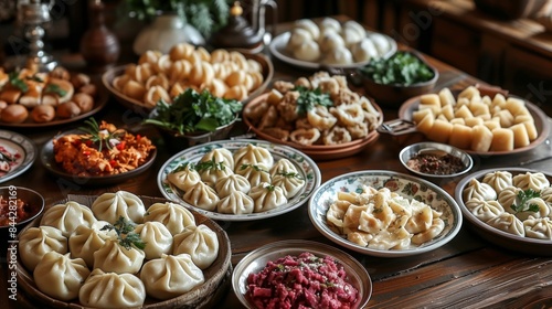  deruns and Ukrainian pelmeni in several types and on many plates, a richly set wooden table