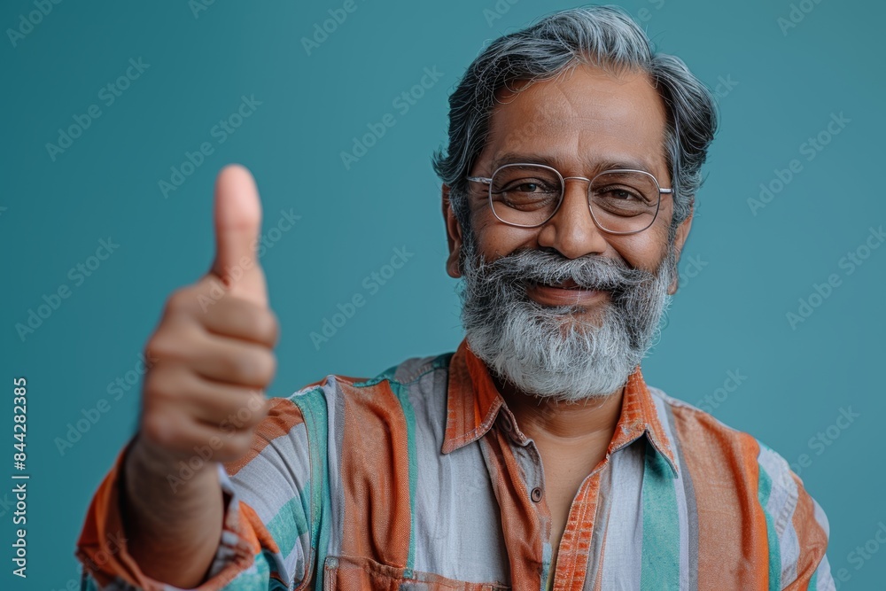 Middle aged Indian man making an adorable thumbs up sign, happy expression, studio photography, light blue background