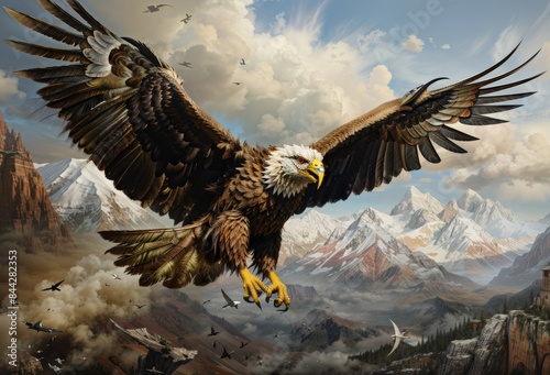 Majestic bald eagle soaring over snowy mountain landscape with dramatic clouds and birds, symbolizing freedom and strength. © KanitChurem