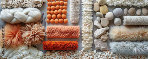 a flat lay of interior design material samples, warm, peach color tones, textures of wood, wool, and stone