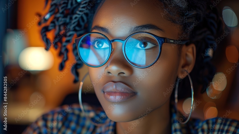 a young adult black African girl doing marketing digital wearing glasses on computer a young adult black African girl doing marketing digital wearing glasses on computer