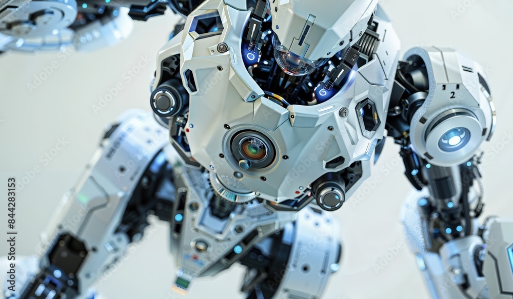 Fototapeta premium High-tech white robot with intricate design, displaying advanced mechanics and electronics in a futuristic setting.